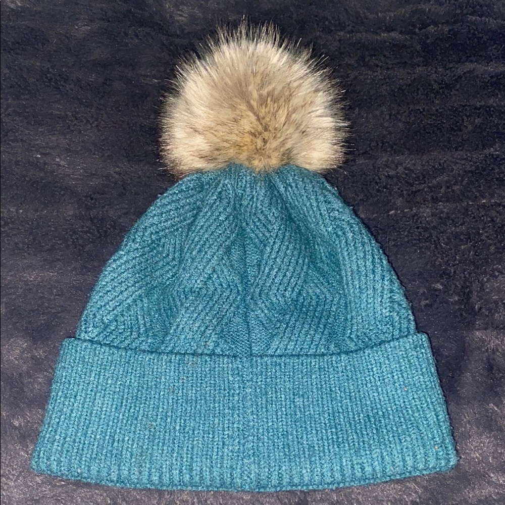 C.C Teal Knit Beanie with Faux Fur Pom - Picture 3 of 3
